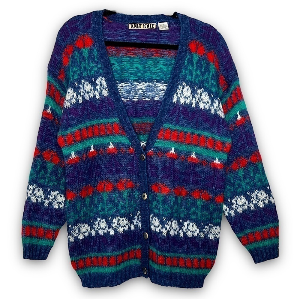 VINTAGE 90s Mohair‎ Floral Stripes Oversized Slouchy Grandpa Cardigan Sweater M
